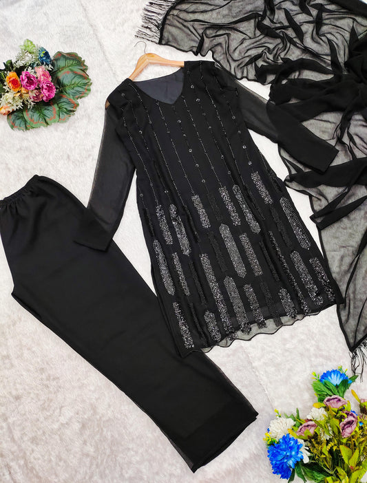 Black Color Embroidery Work Havy Foux Georgette Top Pent