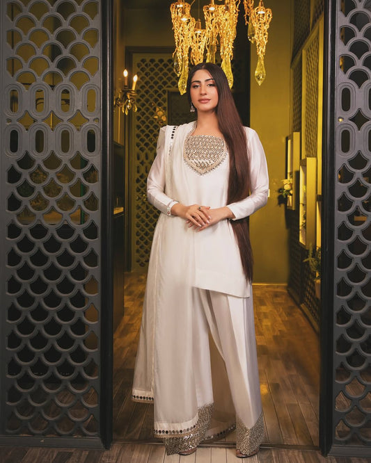 White Color Crep Silk Real Mirror Work Top plazzo