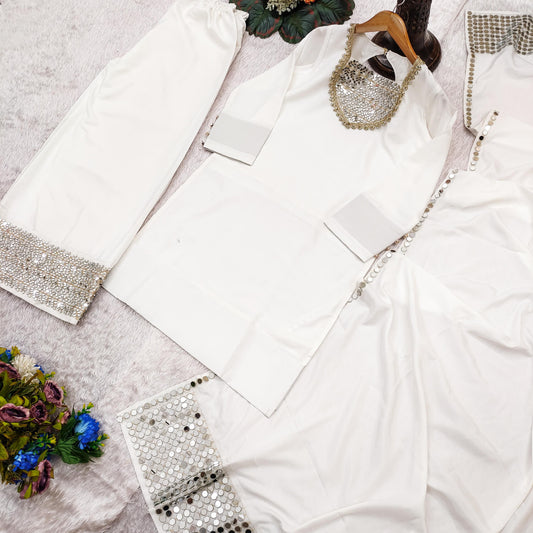 White Color Crep Silk Real Mirror Work Top plazzo