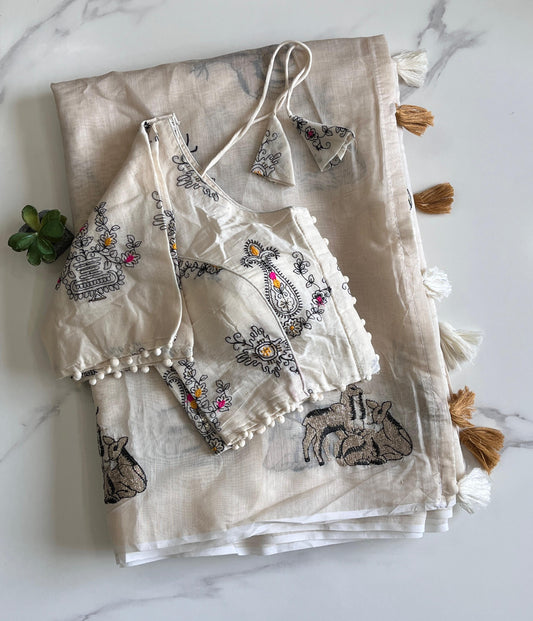 White Color Premium Chanderi Deer Work Saree