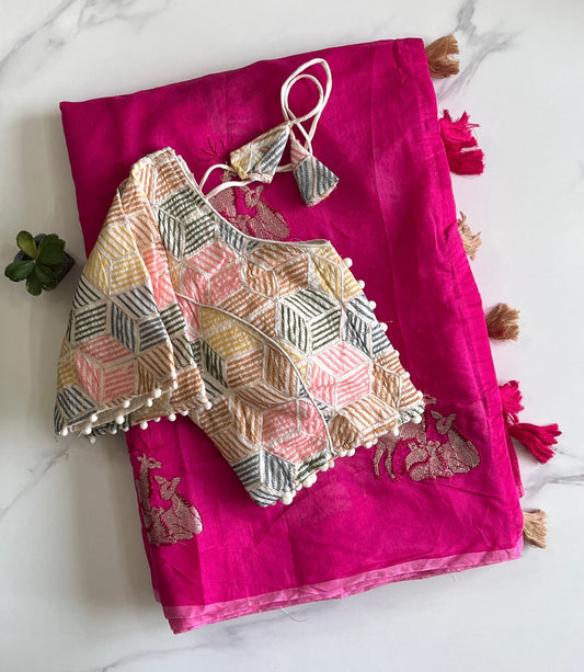 White Color Premium Chanderi Deer Work Saree