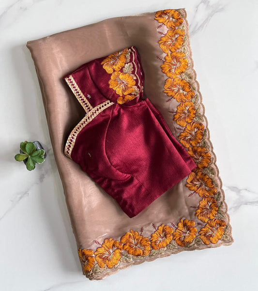 Cream Color Pure Satin Chiffon Katha Flower Work Saree