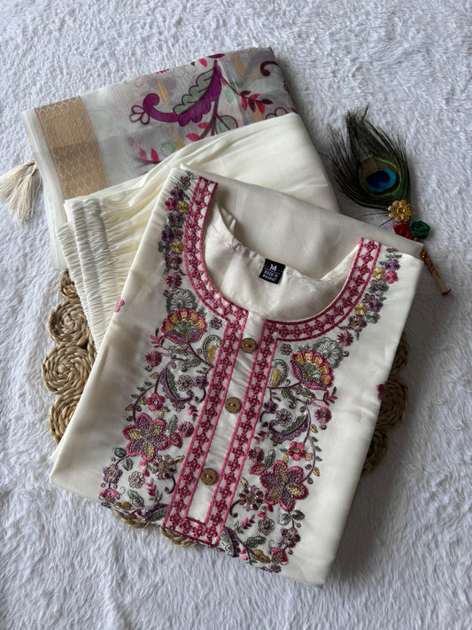 White color Premium Roman Silk Embroidery Work Kurti
