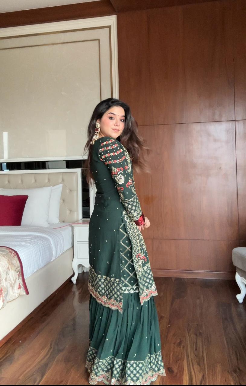 MOST DEMANDING GEORGETTE SEQUENCE WORK TOP SHARARA IN GREEN COLOR
