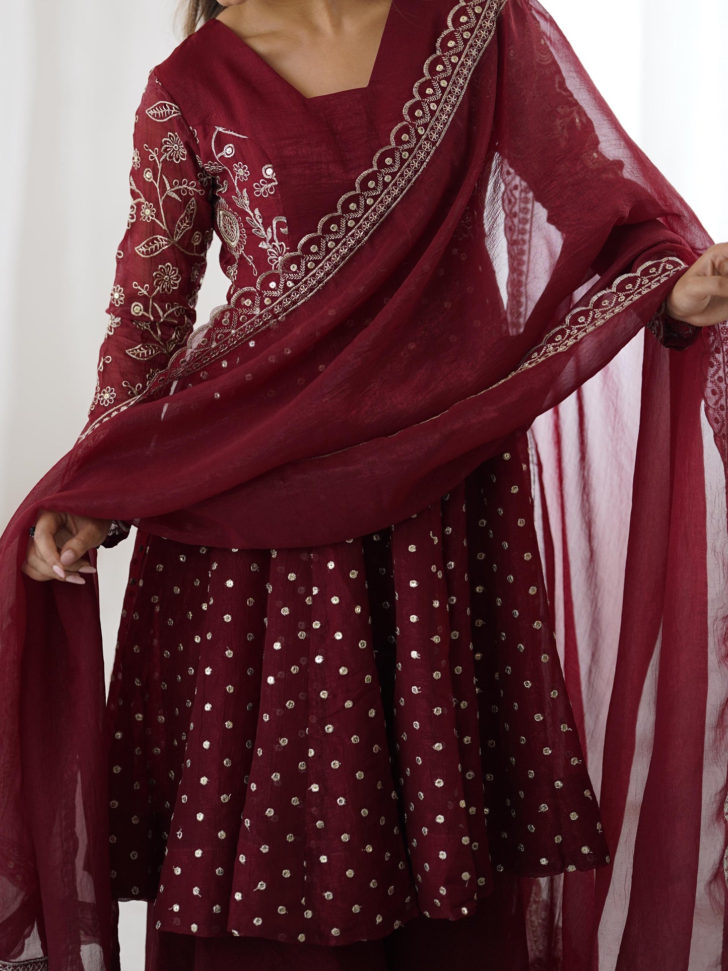 MOST TRENDING CRUNCHY SILK SEQUENCE TOP PLAZZO IN MAROON COLOR
