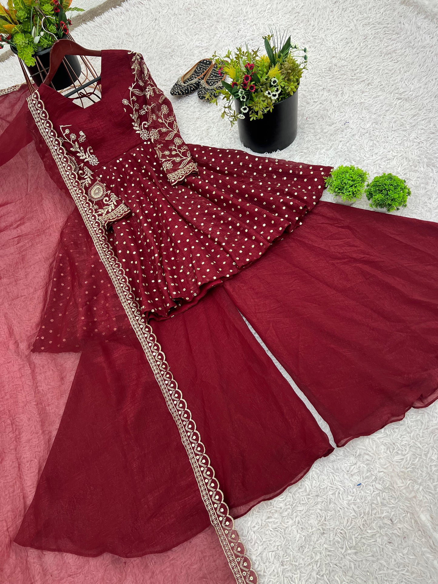 MOST TRENDING CRUNCHY SILK SEQUENCE TOP PLAZZO IN MAROON COLOR