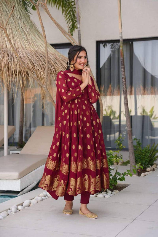 BEST ANARKALI GOWN WITH JAQUARD WEAVING IN MAROON COLOR