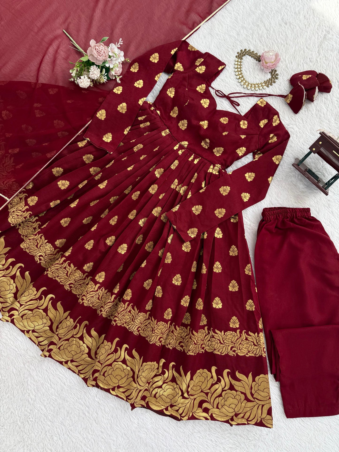 BEST ANARKALI GOWN WITH JAQUARD WEAVING IN MAROON COLOR