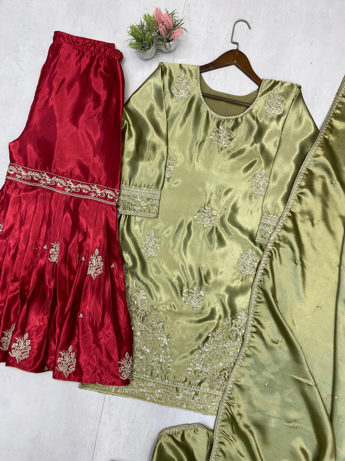 Trending Moss Satin Top Sharara Set Mehndi Special