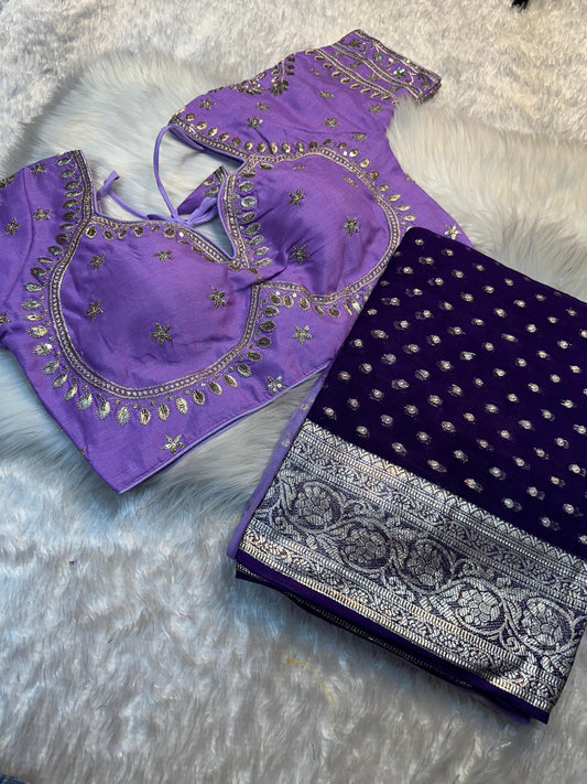 Purple Color Viscos Gorgette Banarasi Work Saree