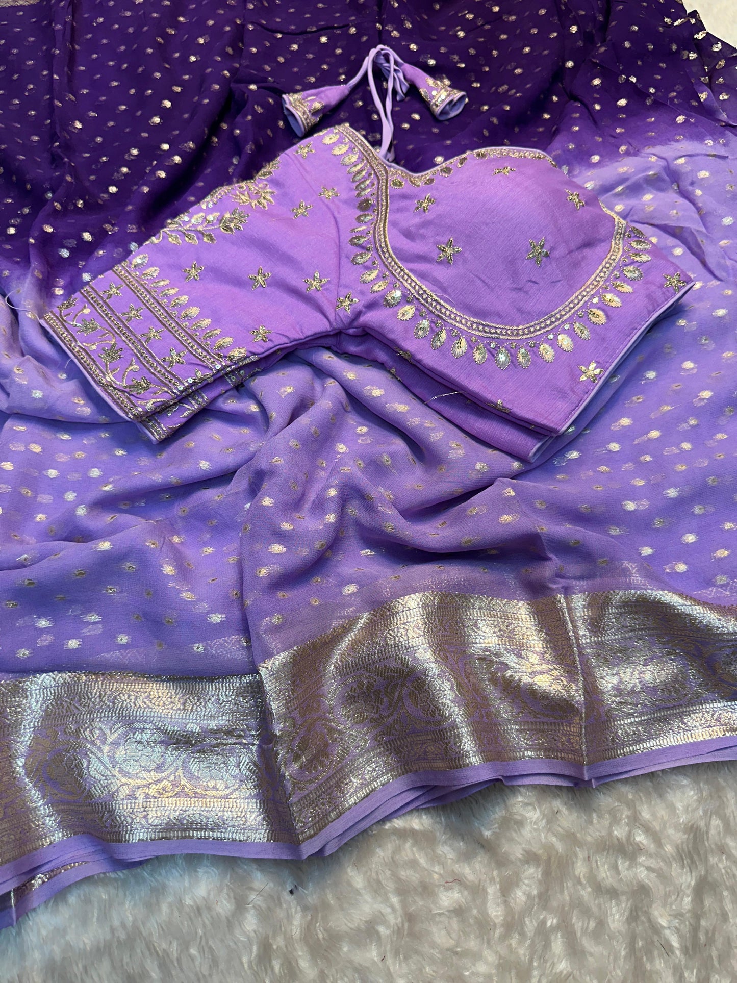 Purple Color Viscos Gorgette Banarasi Work Saree