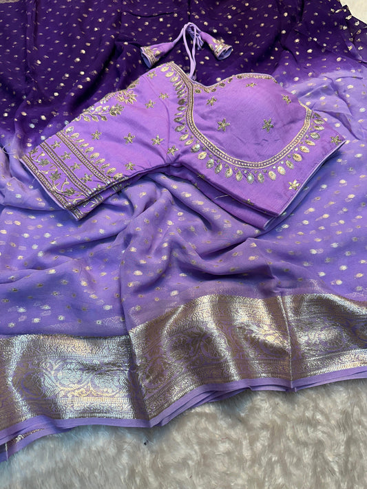 Purple Color Viscos Gorgette Banarasi Work Saree
