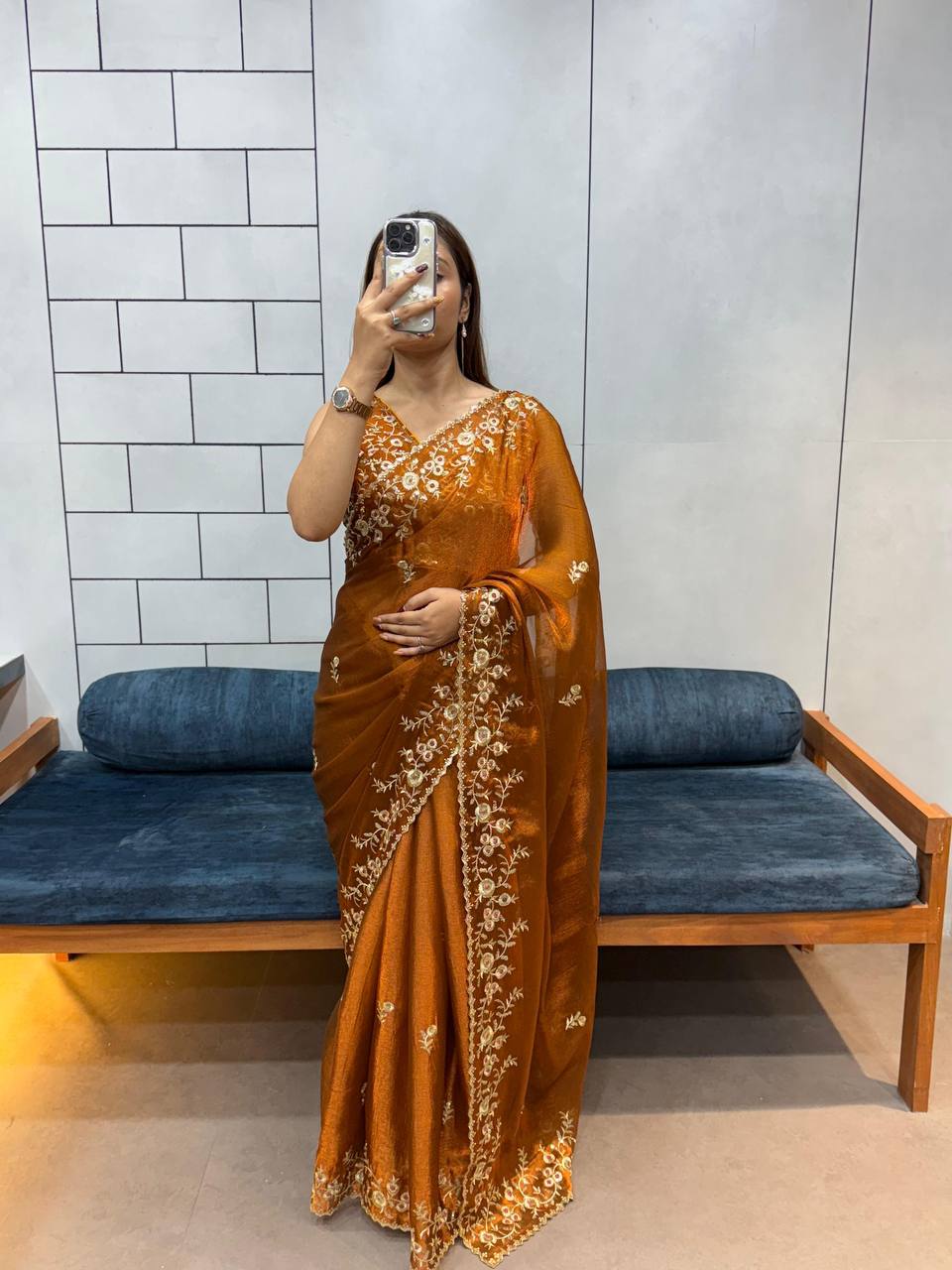 Fendy Chifron With Embroidery Sequience Work Saree