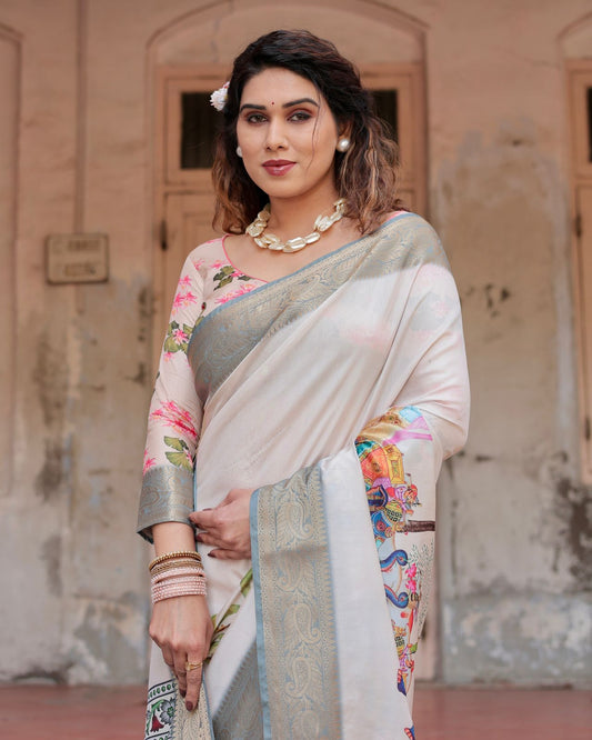 Breautifull White Color Digital Print Work Saree