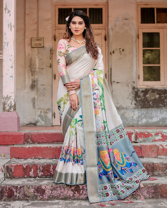 Breautifull White Color Digital Print Work Saree