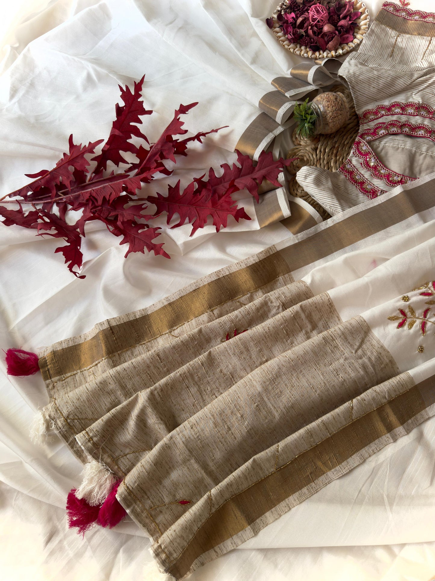 White Color Pure Khadi Handwork Saree