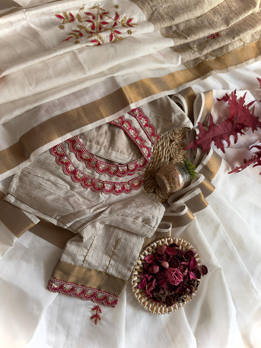 White Color Pure Khadi Handwork Saree