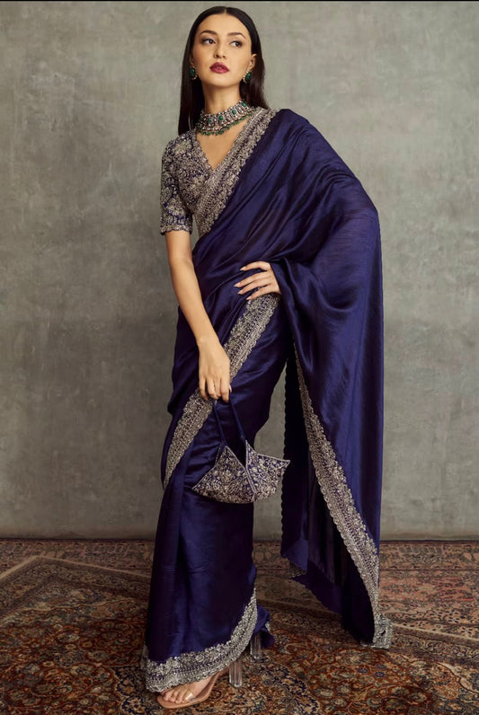 Purple Color Space Silk With Sequience Dori work Saree