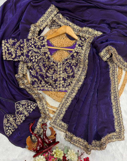 Purple Color Space Silk With Sequience Dori work Saree