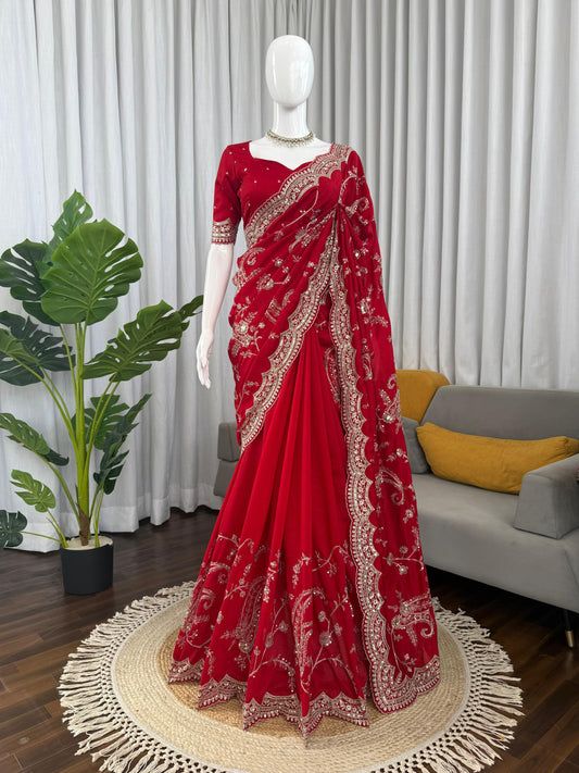 Red Color Vichitra Silk With Sequience Thred Work Saree