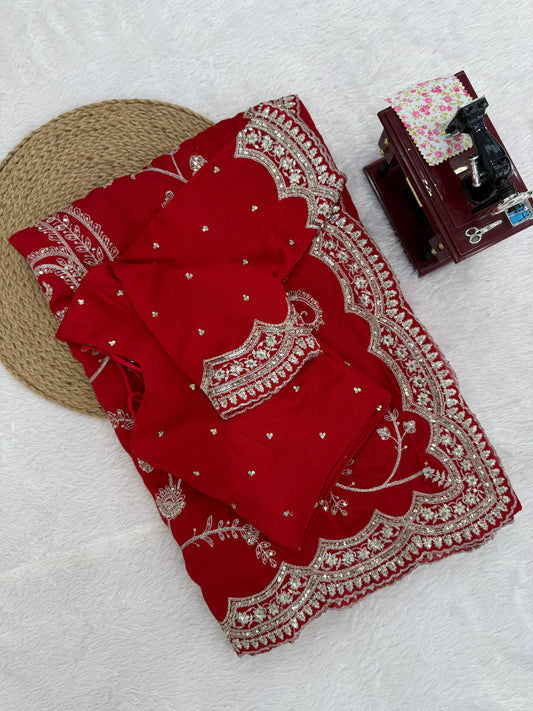 Red Color Vichitra Silk With Sequience Thred Work Saree