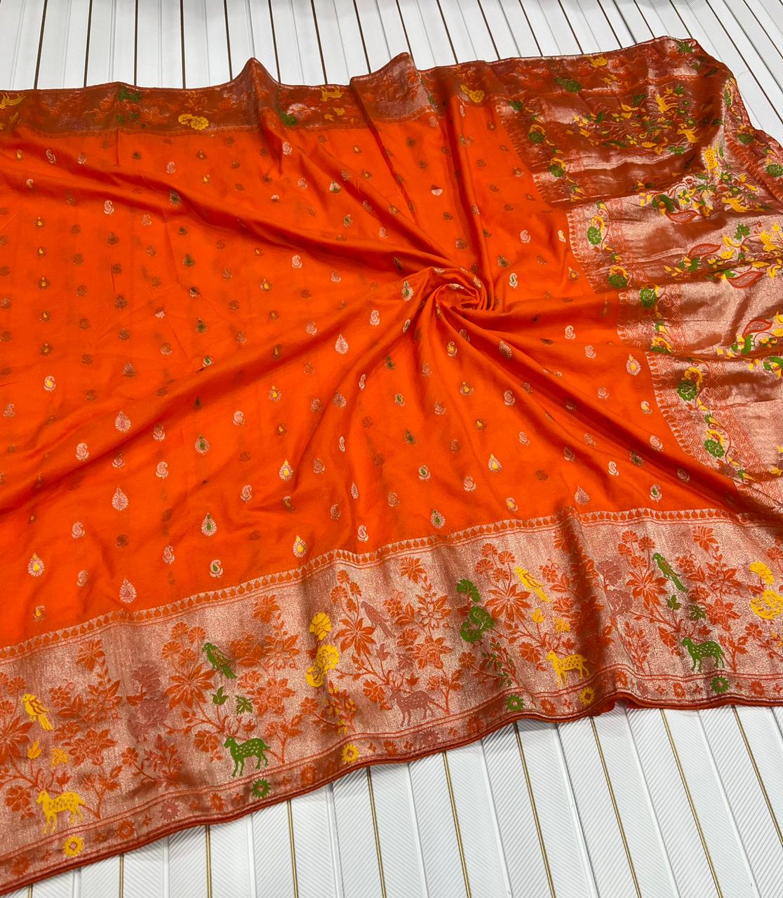 Pure Banarasi Khaddi Creap Georgette Meenakari Reshma Work Saree