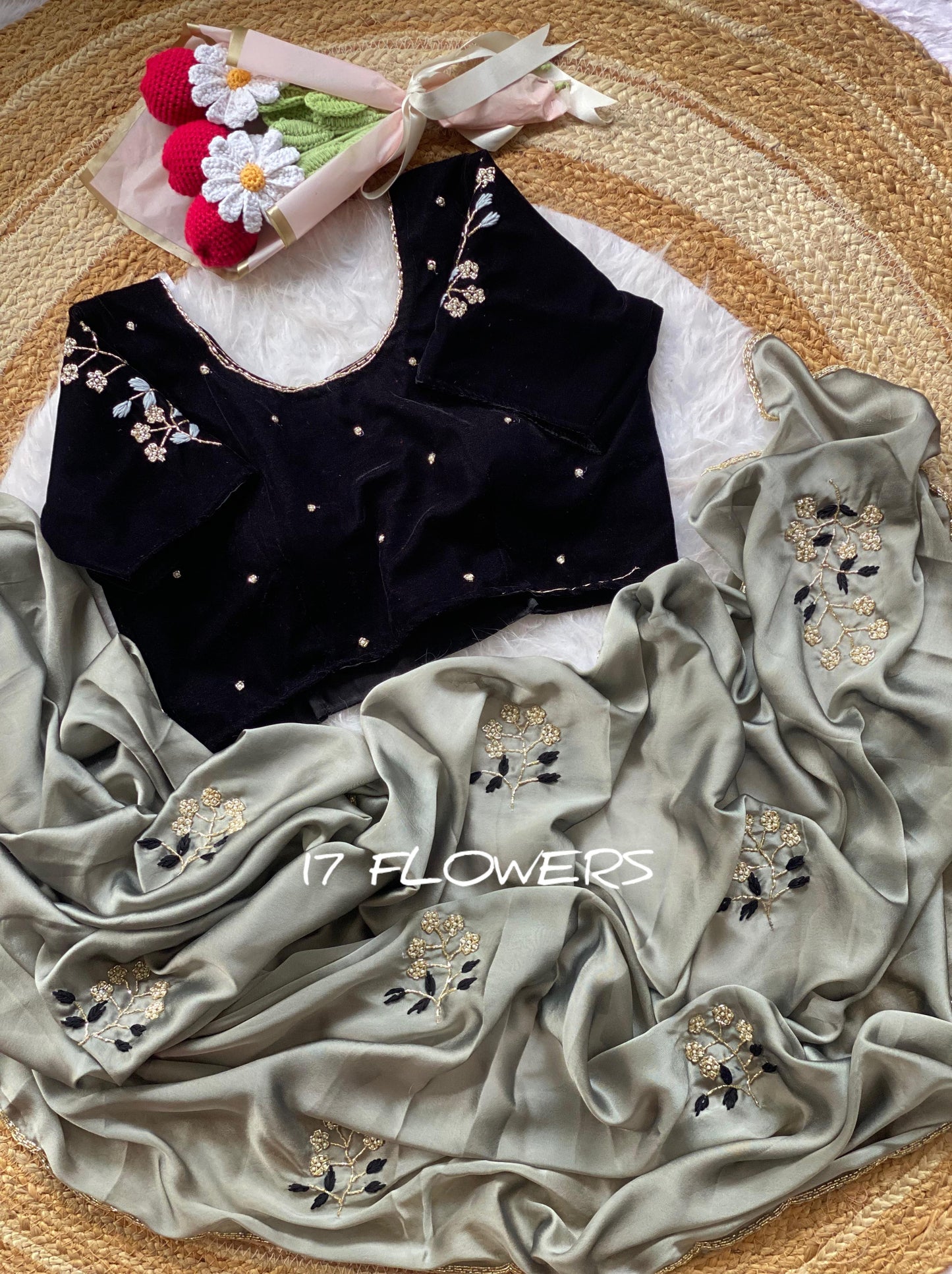 Beautifull Two Tone Rangoli Silk With Flower Hand Work Saree