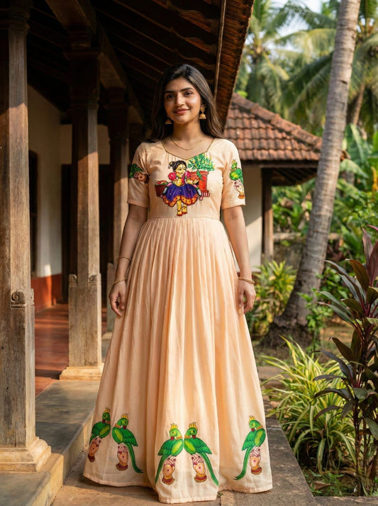 Beautifull Kalamkari Print With Khatli Hand Work Gown