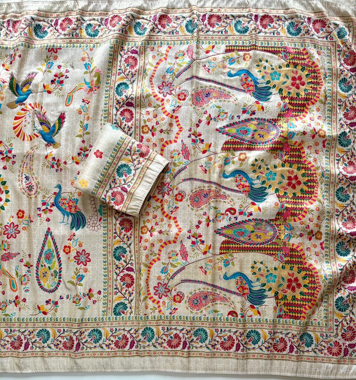 Softy Silk Jacquard Saree with Swarovski Hand Work & Digital Pashmina Print
