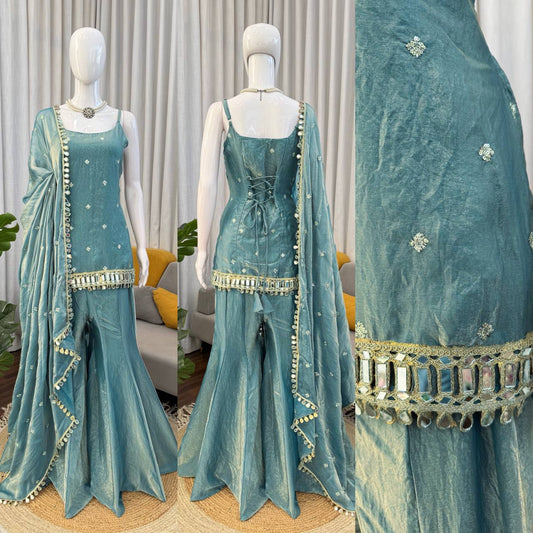 Sequnce with real mirror with redaymade lace broder top plazzo