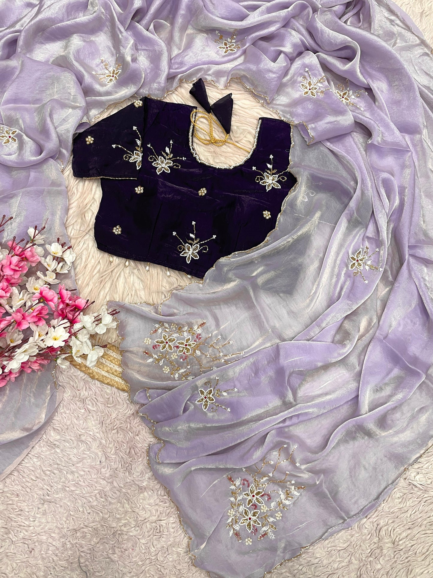 Beautiful Fancy Satin with Khatli Cutdana Hand Work Designer Saree