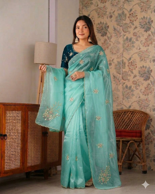 Beautiful Fancy Satin with Khatli Cutdana Hand Work Designer Saree