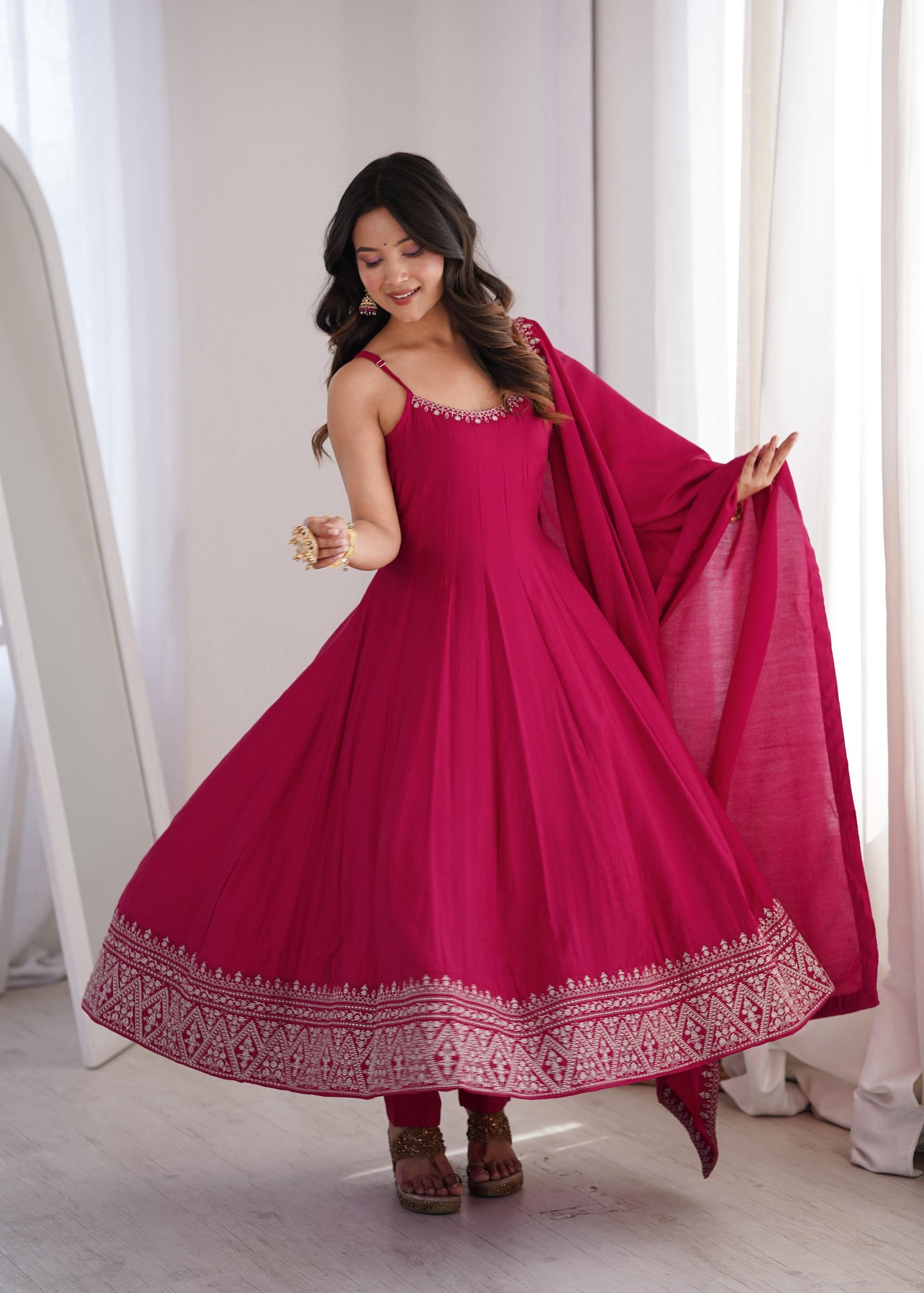 Beautiful Soft Rich Roman Silk Chanderi With Embroidery Work Anarkali Suit