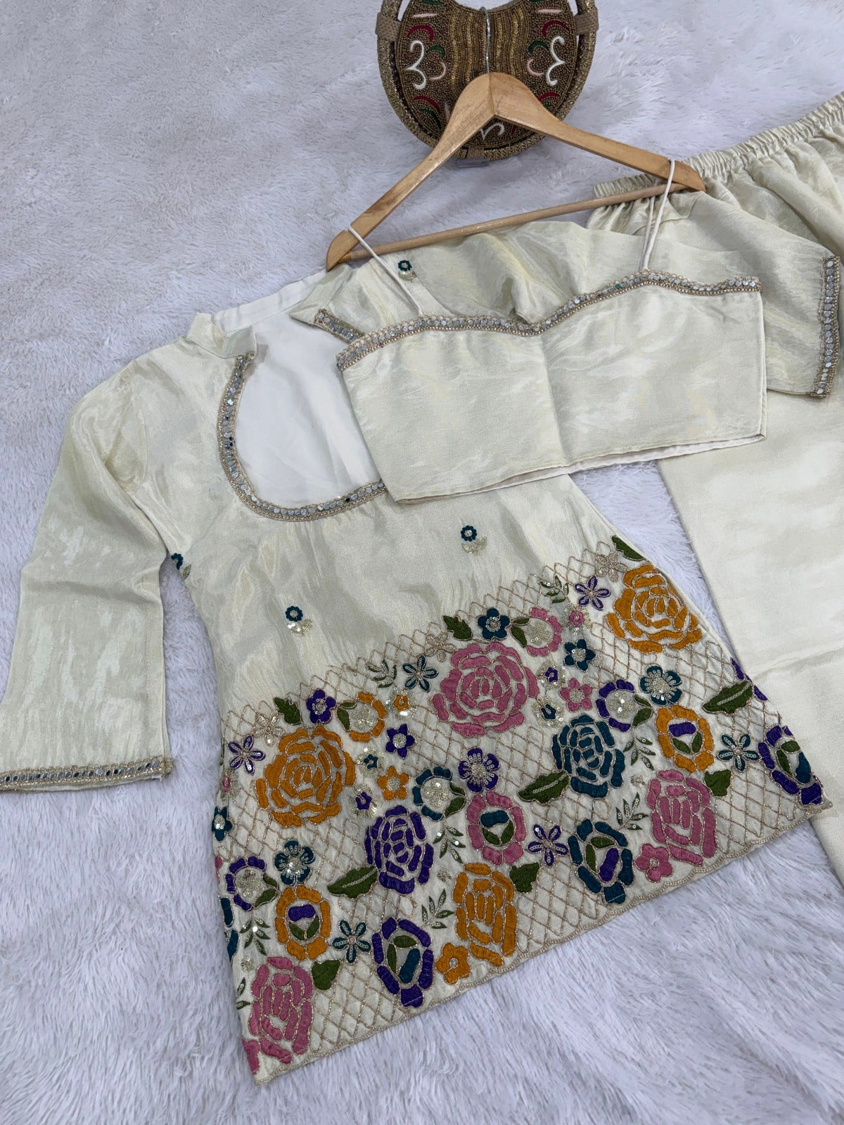 Premium Tissue Shimmer Silk Embroidery Work Top Bottom