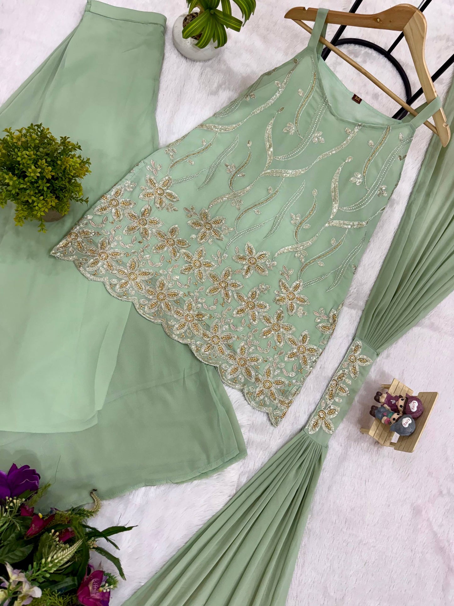 Faux Georgette Front & Back Embroidery Work Kurti Set