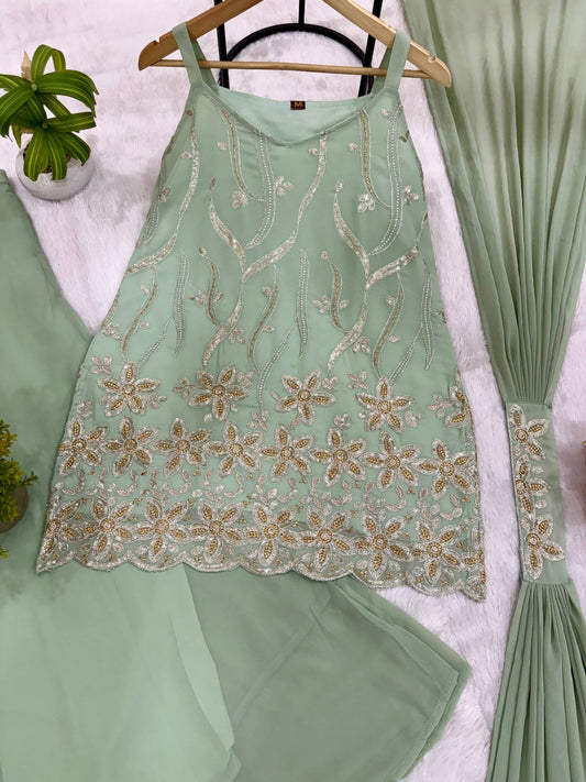 Faux Georgette Front & Back Embroidery Work Kurti Set