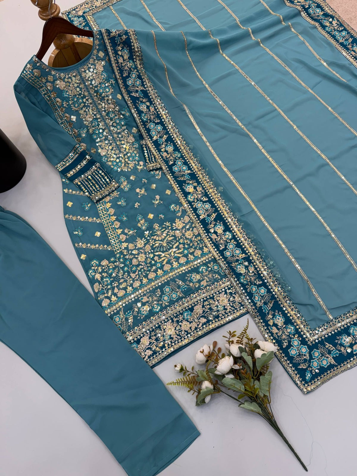 Fox Georgette Embroidery Sequence Work Top Bottom