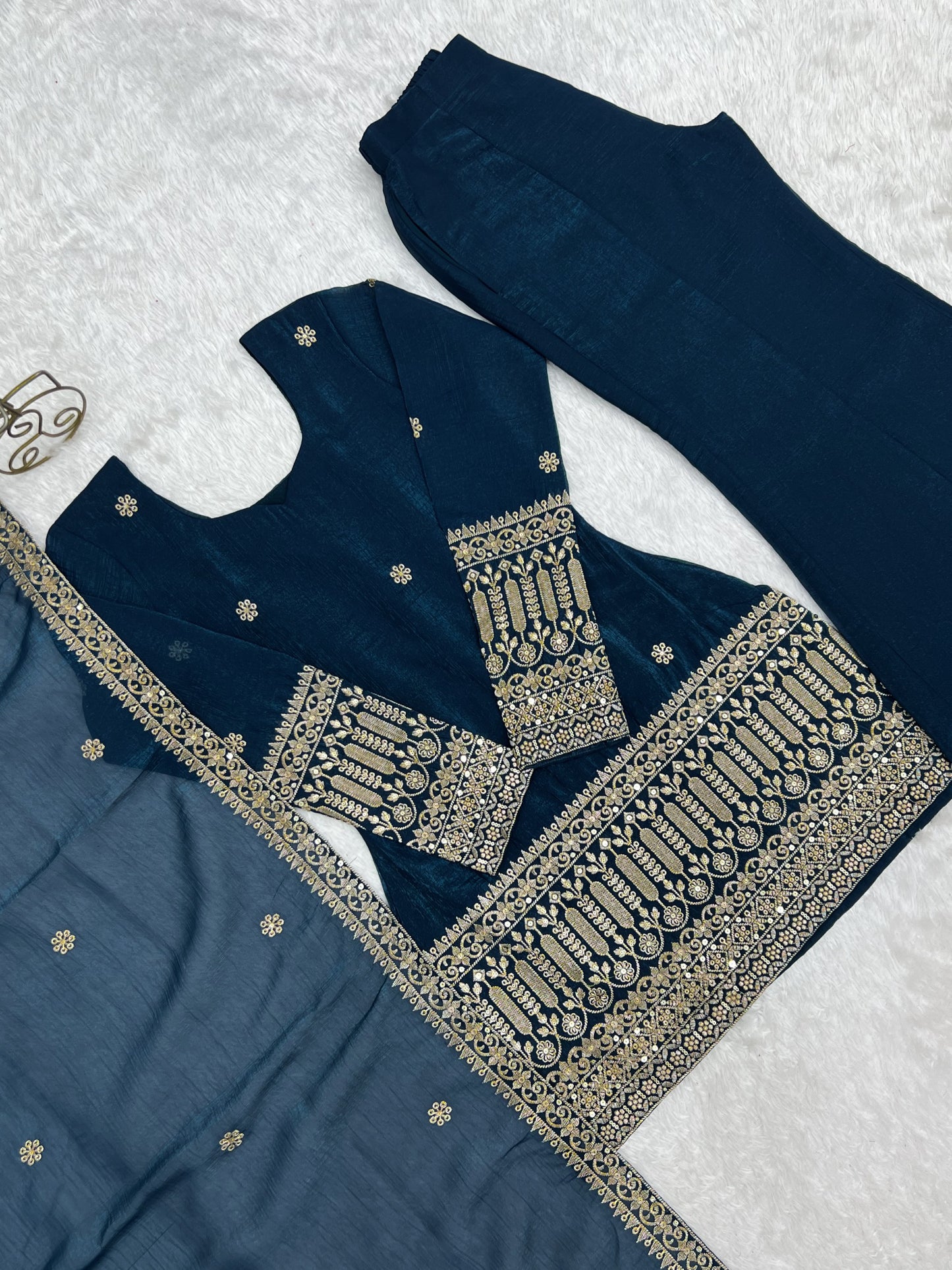 Crunchy Silk Embroidery Sequence & Jari Work Top Bottom