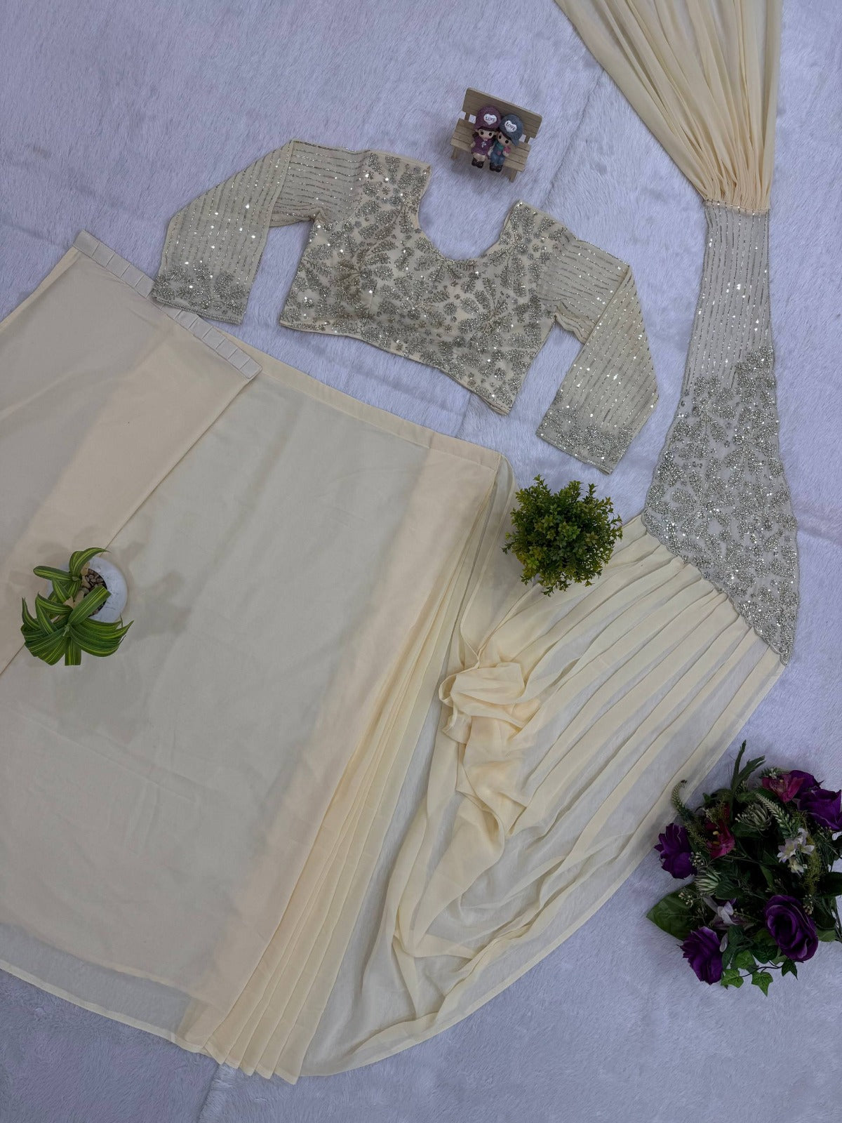Faux Georgette Embroidery Zari & Semi Beads Work Saree