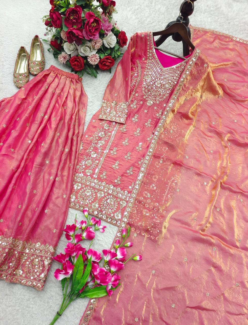 Fendy Silk Embroidery Sequence Work Top Sharara