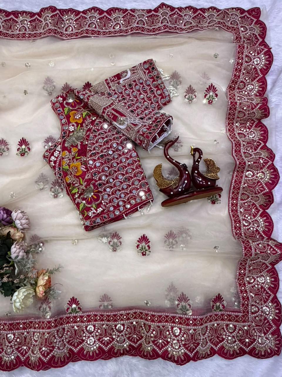 Butterfly Net Sequins Multi Thread Embroidery Mirror Work Saree
