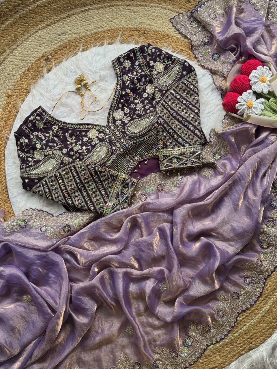 Soft Space Silk Sequins Jari Embroidery Work Saree