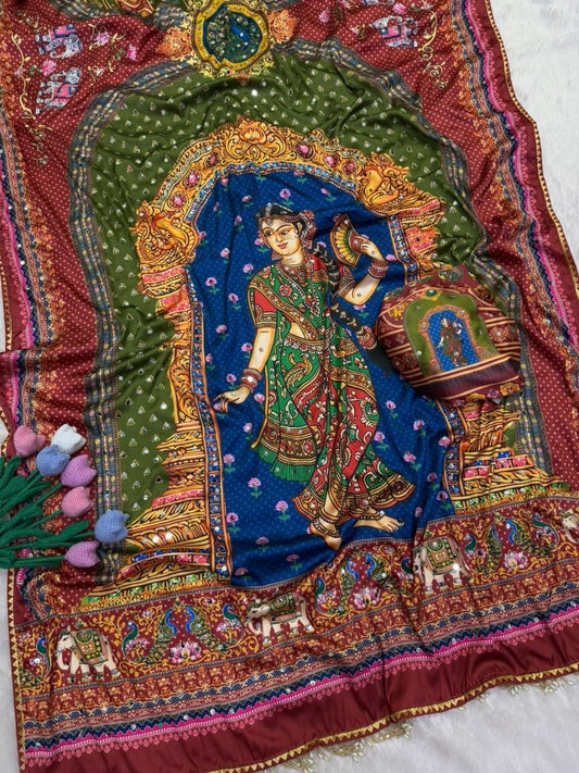 Soft Japan Satin Traditional Print Mirror Handwork Saree