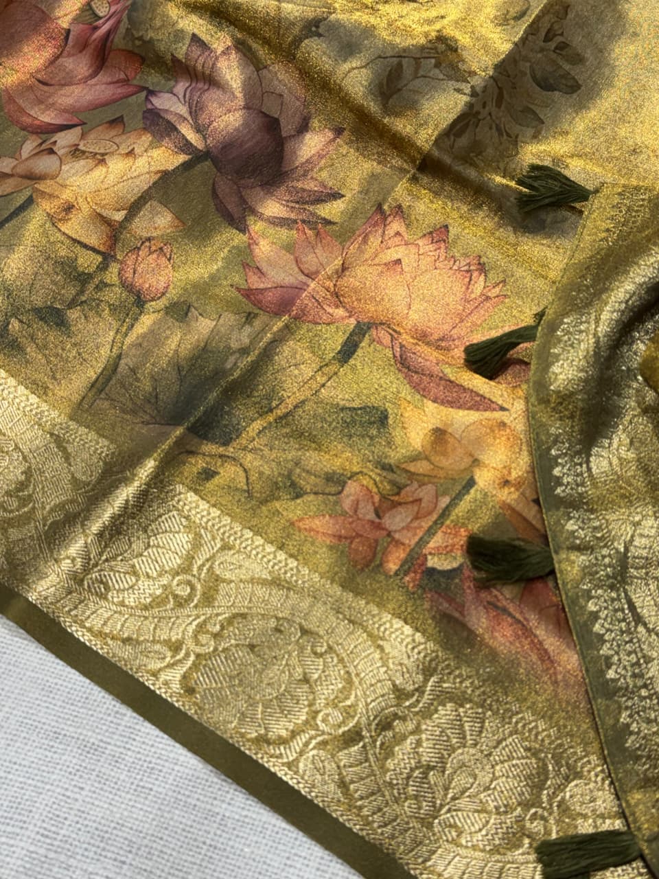 Olive Zari Royale – Pure Glass Tissue Silk Saree