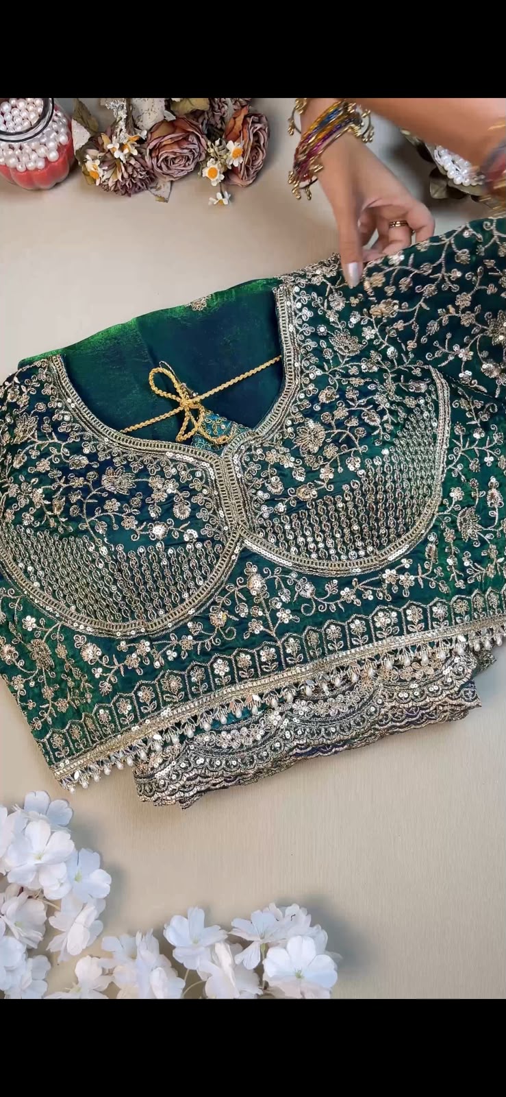 Peacock Teal Fendy Satin Embroidered Saree with Stitched Blouse