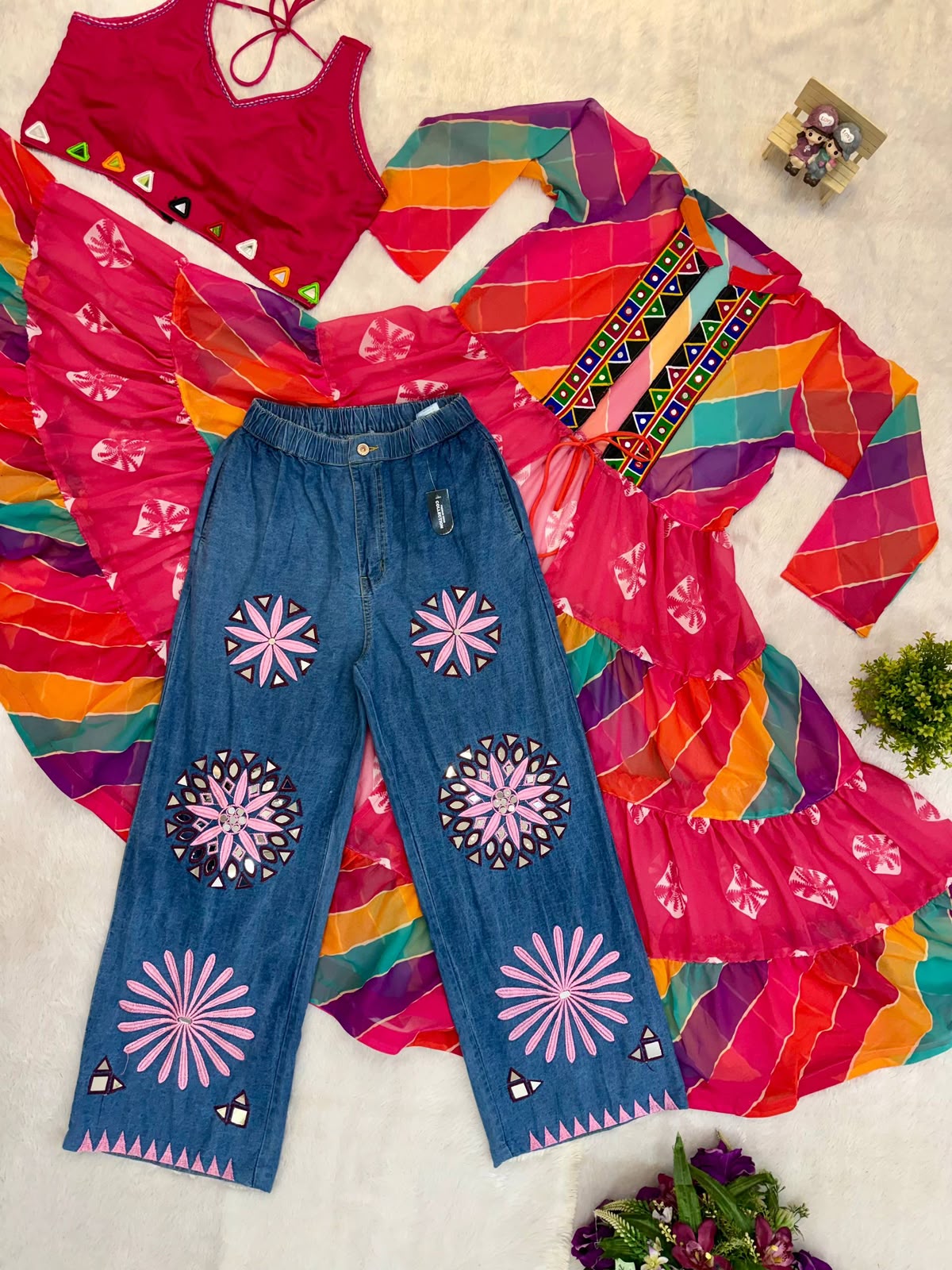 Navratri Special Faux Georgette Emboidery Real Mirror Work Shrug Jeans
