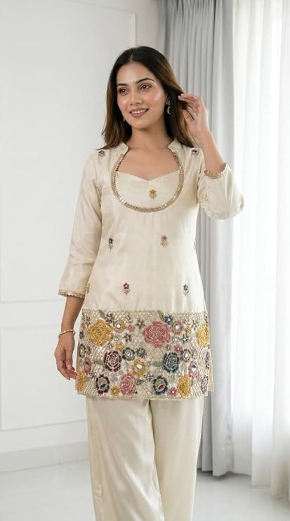 Premium Soft Chinon Embroidered Bustier & Palazzo Suit Set