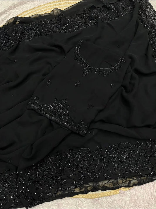 Black Color Fox Georgette Khatli Work Saree