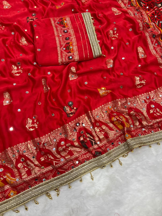 Soft Satin Silk Saree with Hand Mirror Work