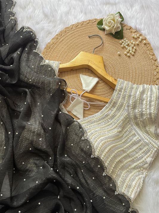 Moti Work and Diamond Lace Work Saree Party Special